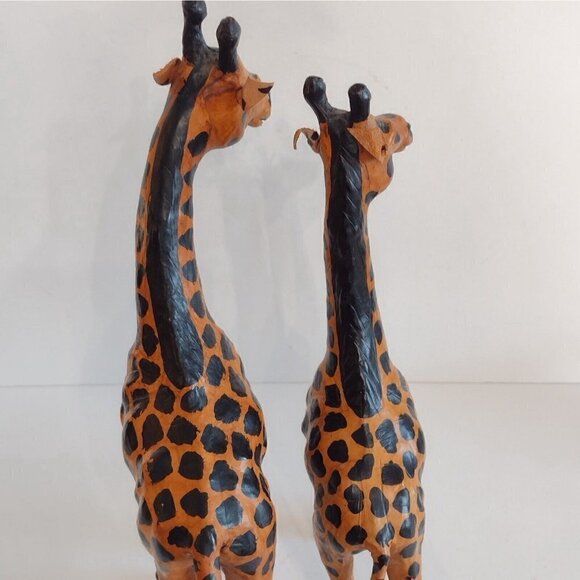 Vtg Set Of Hand Crafted Leather Wrapped Giraffe Figurines Statues 16" Glass Eye - Picture 12 of 13